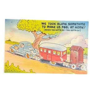 Vintage 1950s Humorous Road Trip Postcard‎ Car Trailer Outhouse Comic Art